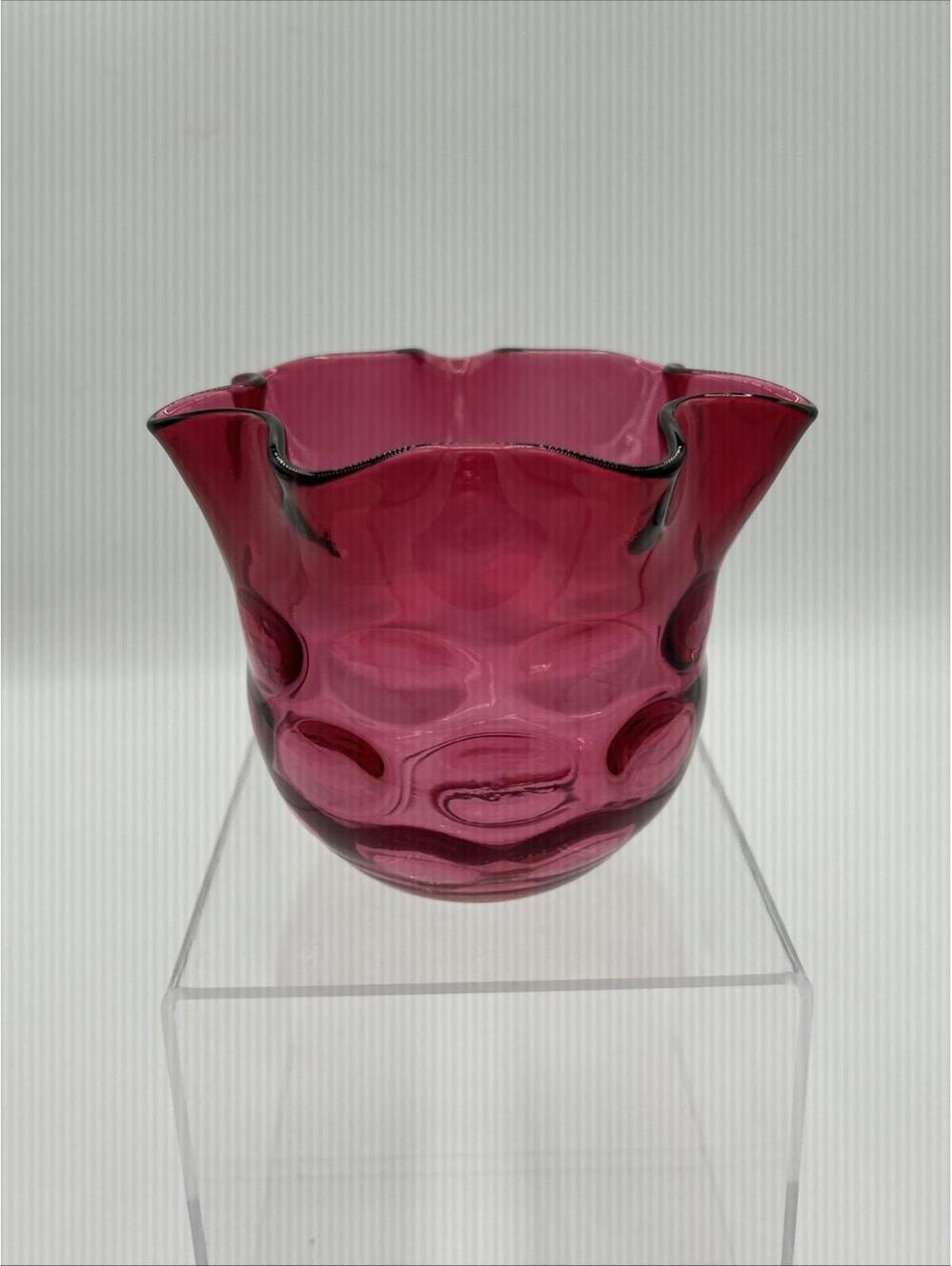 Vintage Cranberry Thumbprint and Ruffled Edge Glass Vase / Bowl